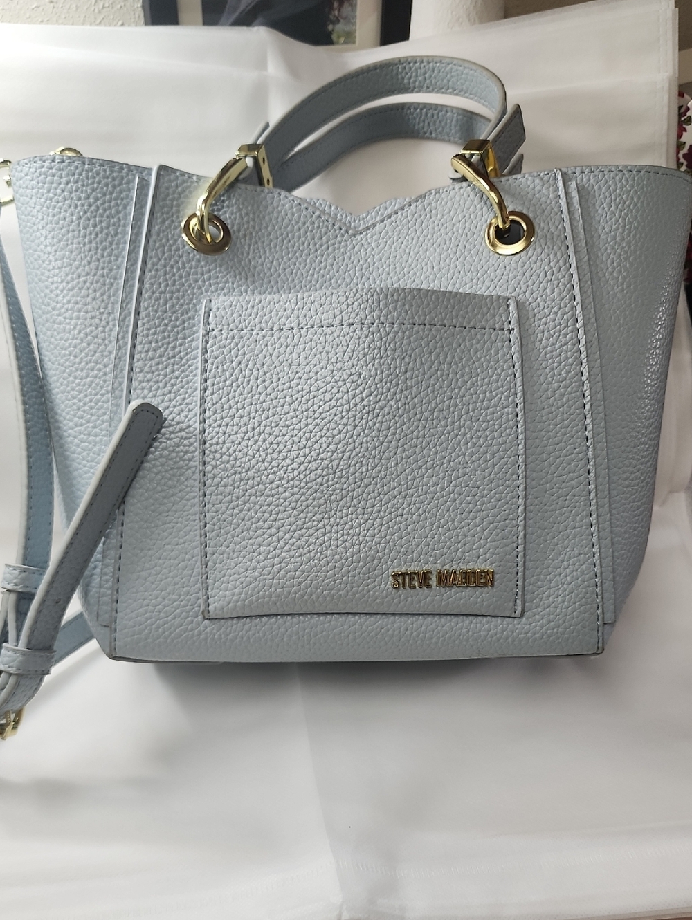 Steve Madden Pale Blue Pebbled Leather Shoulder Tote with Gold Hardware